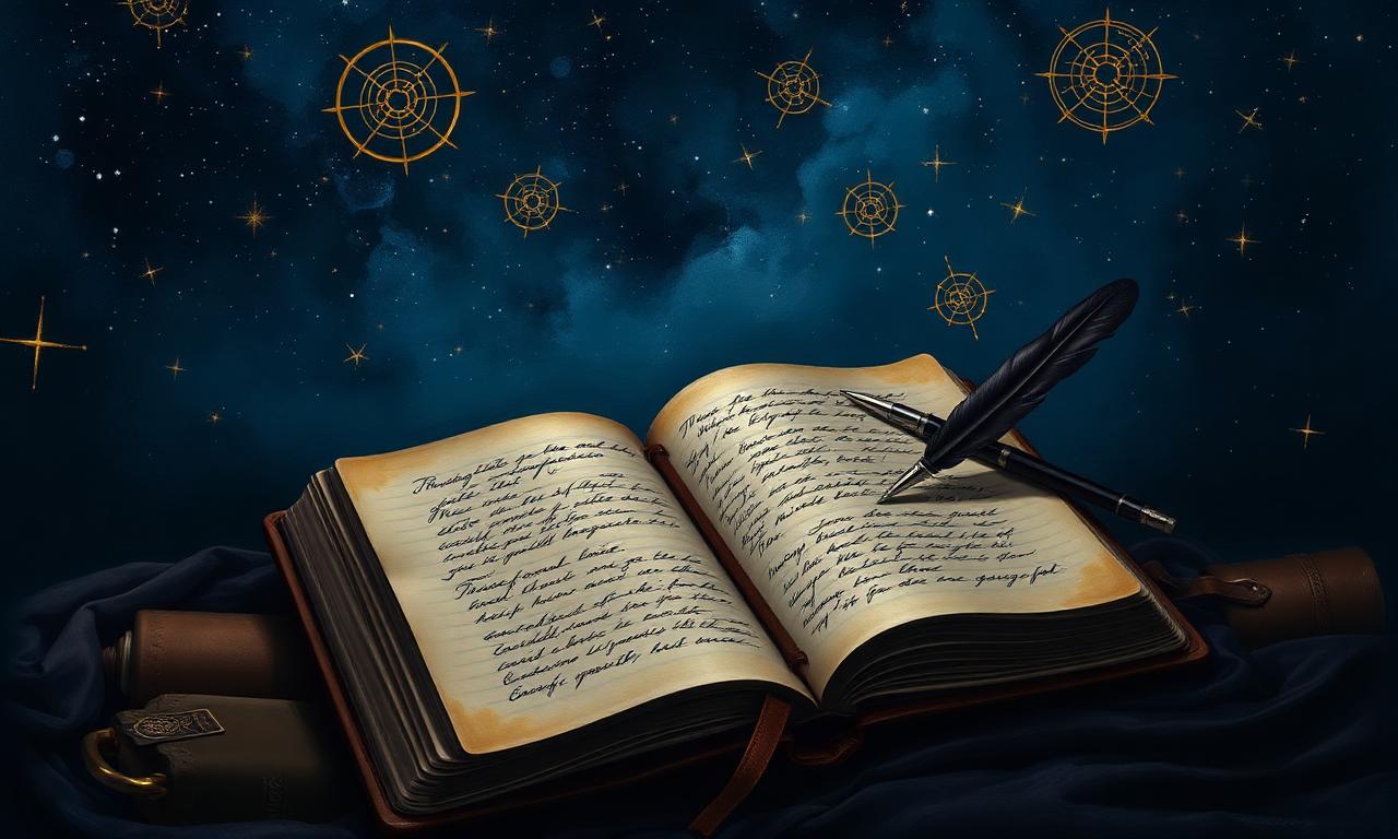 An open notebook with a quill pen beneath a starlit sky