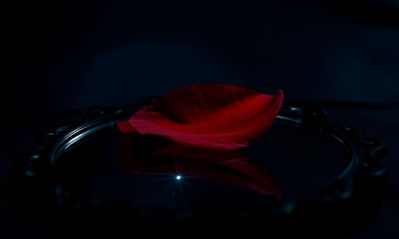 A single red rose petal on a dark mirror reflecting starlight