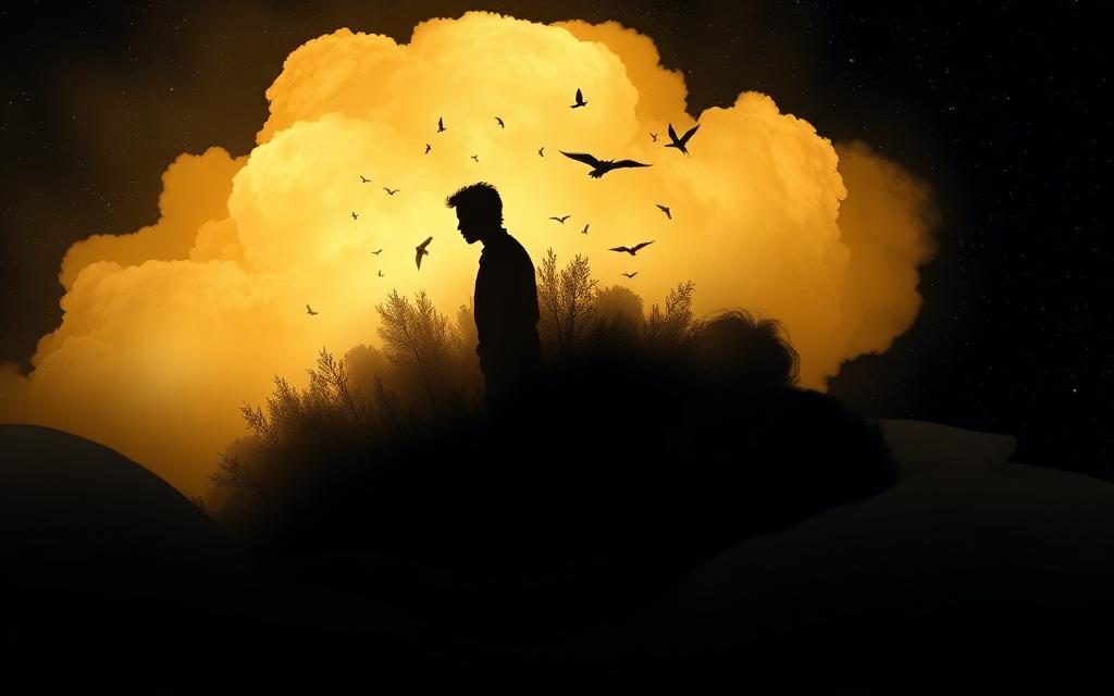 A faint figure walking through swirling stars and gold mist