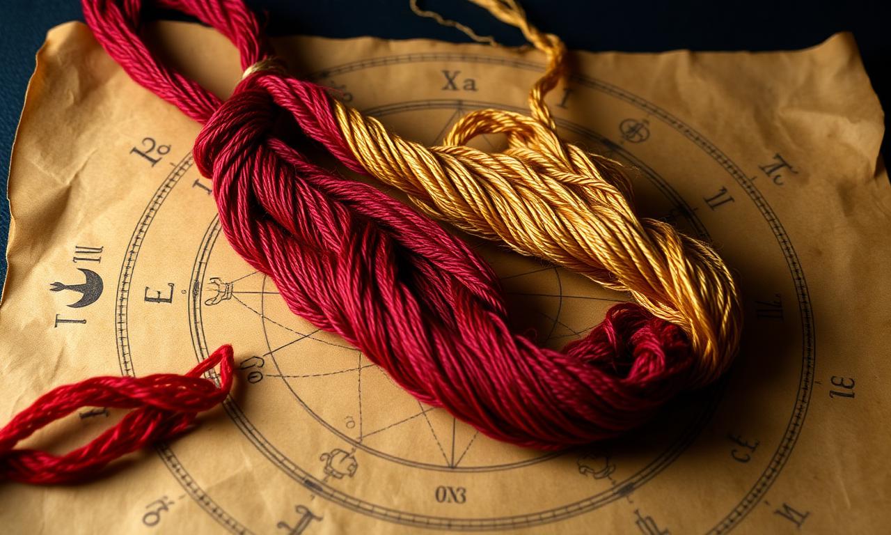 Two threads — one red, one gold — woven across an old astrological diagram