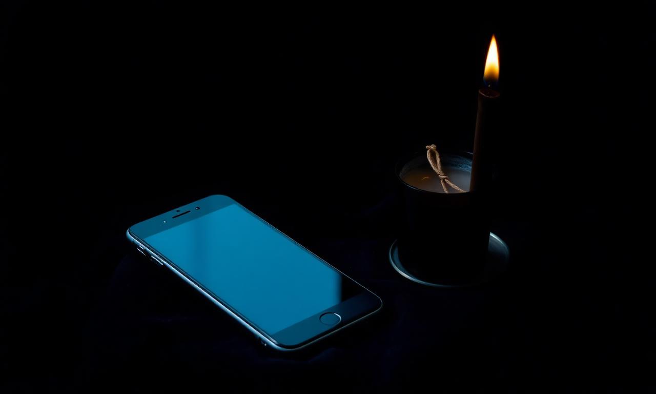 A phone face-down on dark velvet next to a single black candle