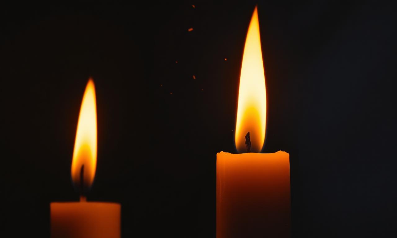 Two candle flames merging in deep navy with gold sparks