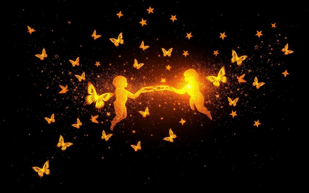 A broken gold chain dissolving into stardust