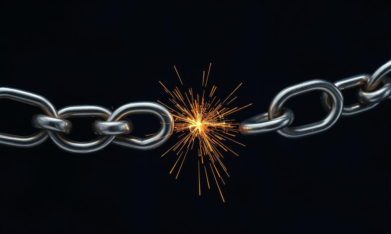 A silver chain breaking in two against a dark velvet backdrop