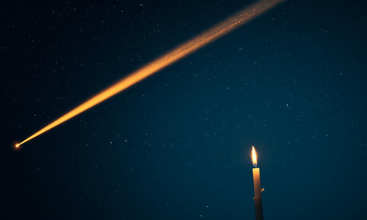 A glowing comet streaking across a dark sky toward a single candle
