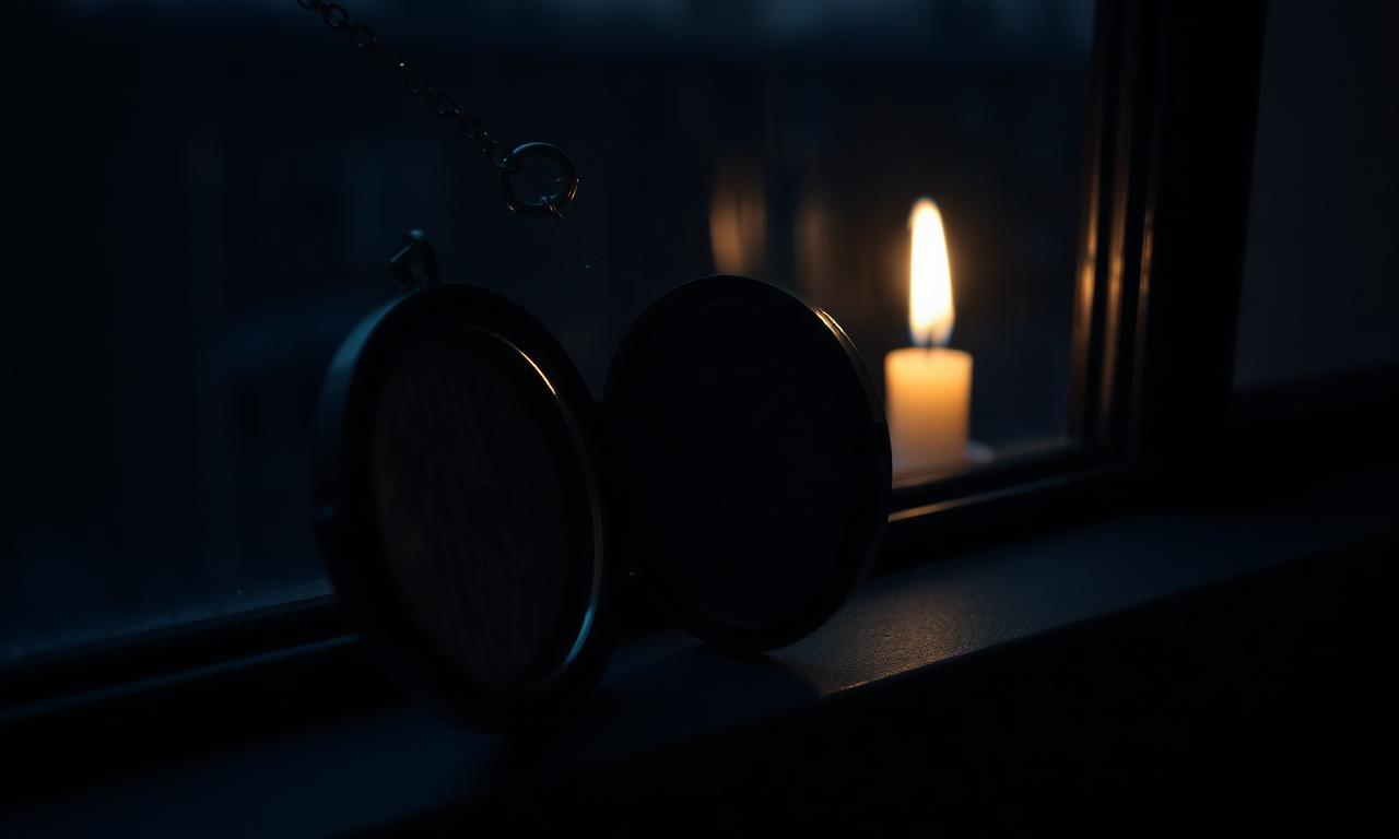 A vintage locket open on a dark windowsill at dusk