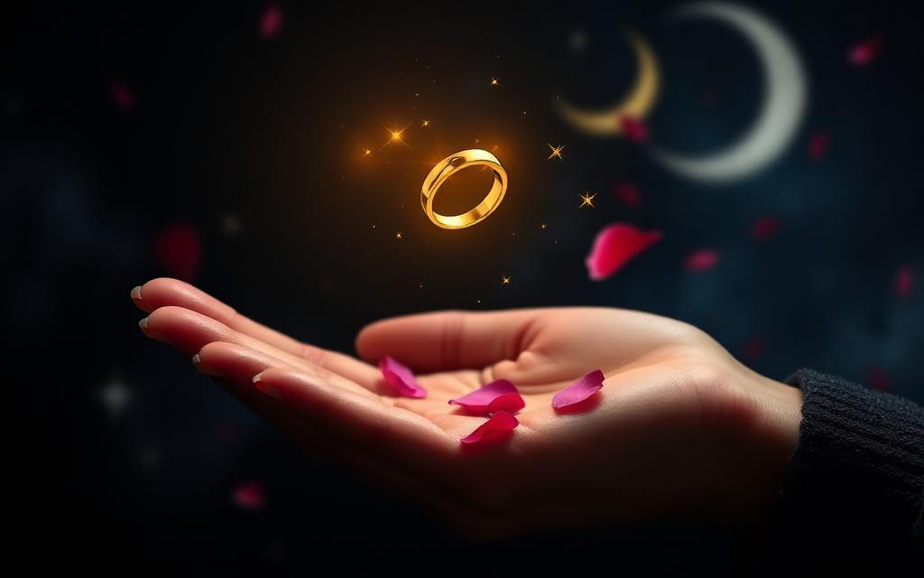 A single gold ring resting on dark velvet under starlight