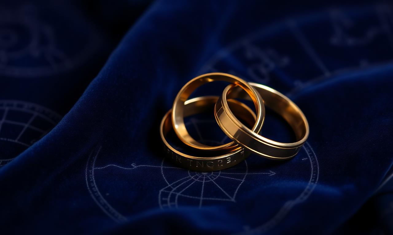 Two intertwined gold rings resting on a velvet astrological chart